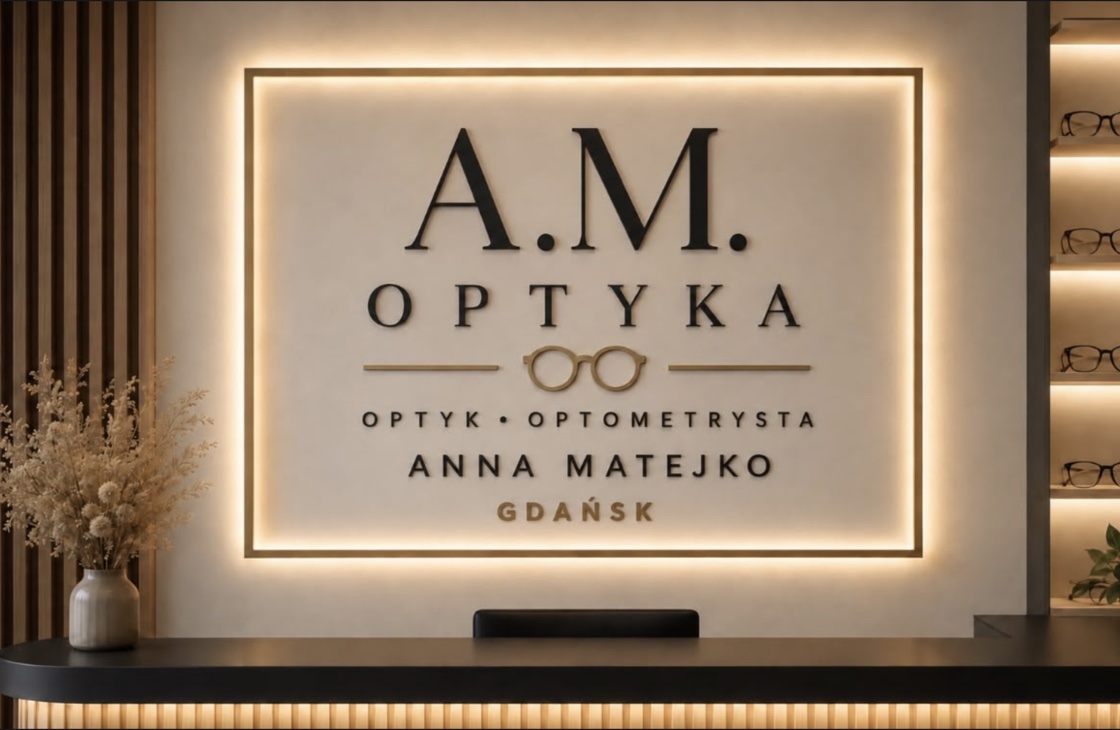 Recepcja salonu A.M. Optyka w Gdańsku z podświetlonym szyldem —
                  optyk i optometrysta Anna Matejko.